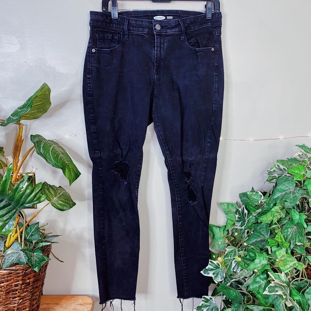 Old Navy Mid Rise Rockstar Super Skinny Distressed Black Denim Jeans